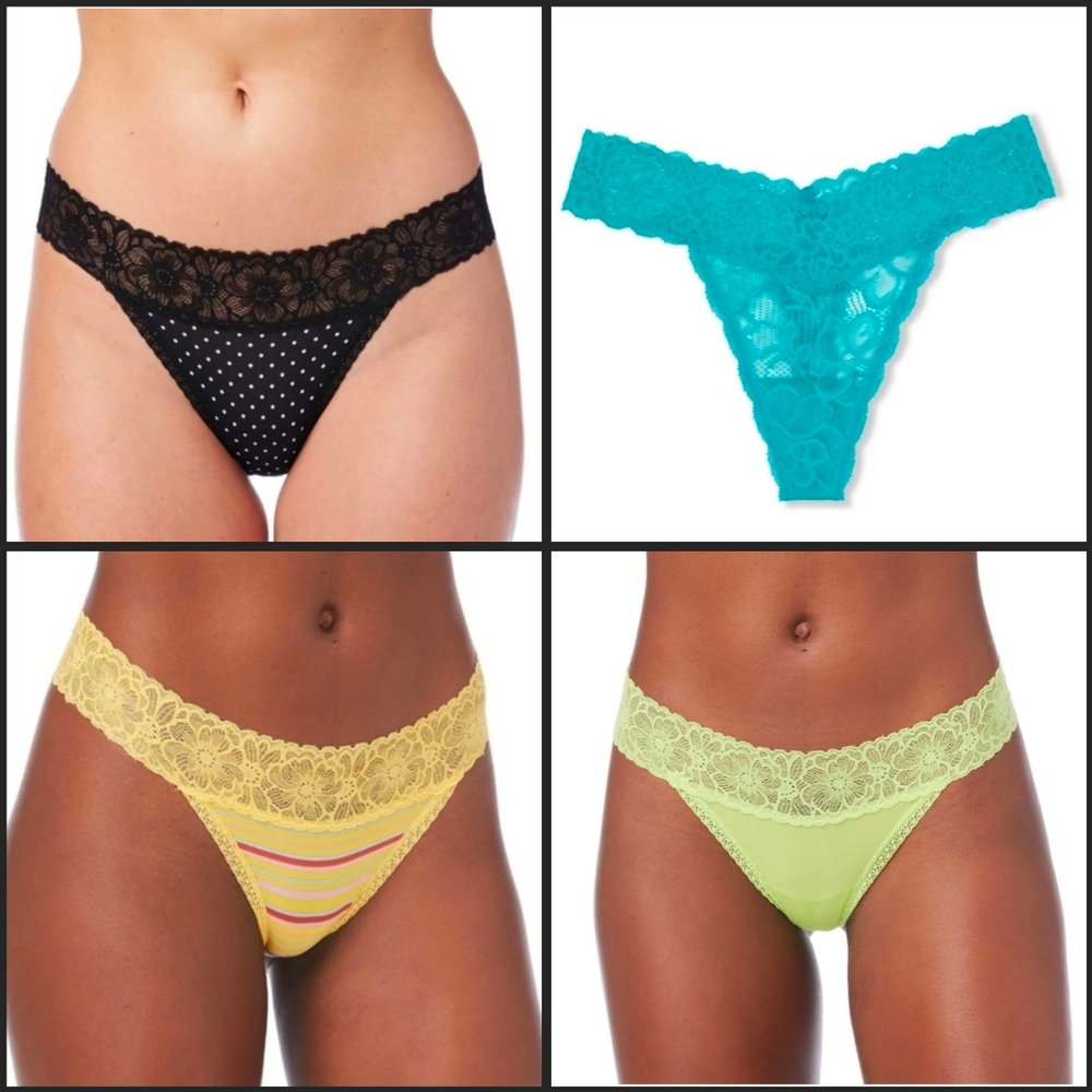 NOBO Lace-Trim Thong Panty Set - Black, Teal, Yellow, Lime